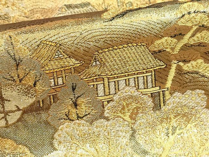 平和屋本店▼全通全景柄袋帯　風景草花文　本金箔二重箔織　正絹　逸品　DABK5627sf