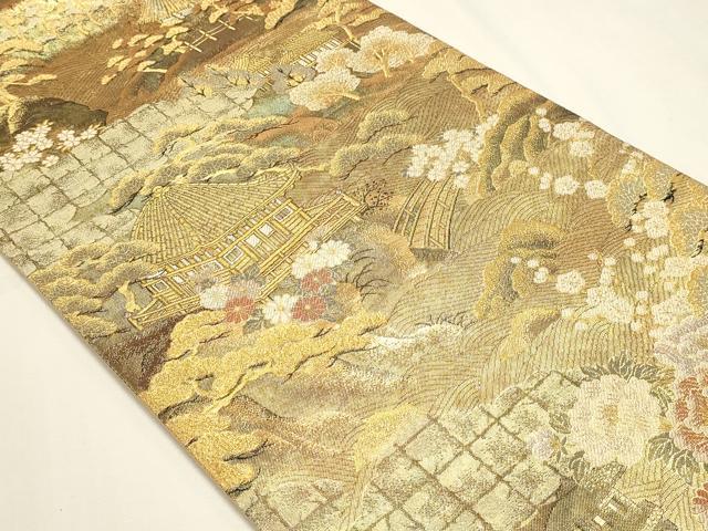 平和屋本店▼全通全景柄袋帯　風景草花文　本金箔二重箔織　正絹　逸品　DABK5627sf
