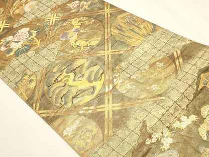 平和屋本店▼全通全景柄袋帯　風景草花文　本金箔二重箔織　正絹　逸品　DABK5627sf