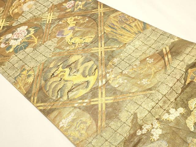 平和屋本店▼全通全景柄袋帯　風景草花文　本金箔二重箔織　正絹　逸品　DABK5627sf