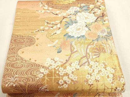 平和屋本店▼六通柄袋帯　唐織　流水花車文　本金二重箔　正絹　逸品　DABK5629sf