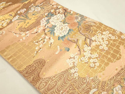 平和屋本店▼六通柄袋帯　唐織　流水花車文　本金二重箔　正絹　逸品　DABK5629sf