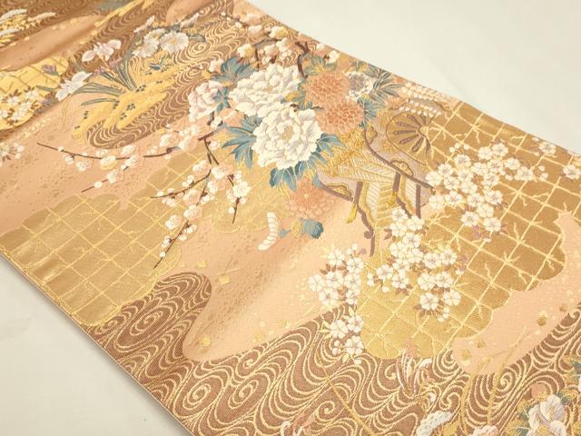 平和屋本店▼六通柄袋帯　唐織　流水花車文　本金二重箔　正絹　逸品　DABK5629sf