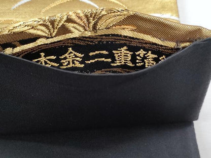 平和屋本店▼全通全景柄袋帯　唐織　花鳥両面全通全景　本金二重箔織　黒地　正絹　逸品　DABK5632sf