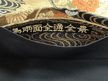 平和屋本店▼全通全景柄袋帯　唐織　花鳥両面全通全景　本金二重箔織　黒地　正絹　逸品　DABK5632sf