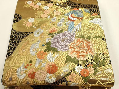 平和屋本店▼全通全景柄袋帯　唐織　花鳥両面全通全景　本金二重箔織　黒地　正絹　逸品　DABK5632sf