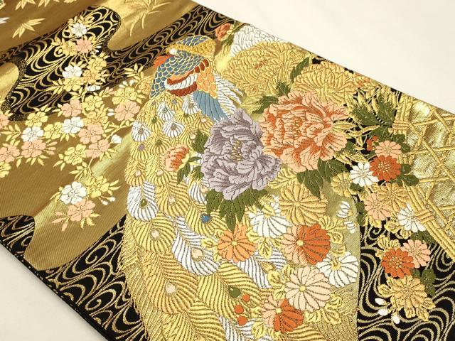 平和屋本店▼全通全景柄袋帯　唐織　花鳥両面全通全景　本金二重箔織　黒地　正絹　逸品　DABK5632sf