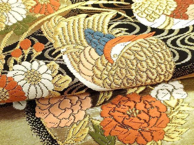 平和屋本店▼全通全景柄袋帯　唐織　花鳥両面全通全景　本金二重箔織　黒地　正絹　逸品　DABK5632sf