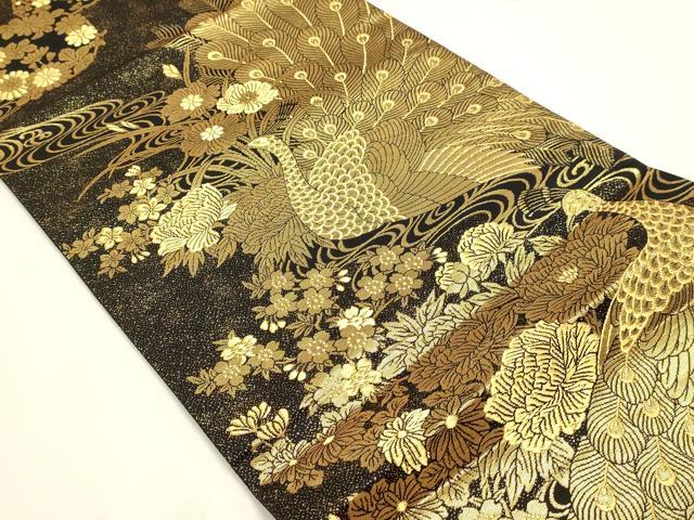 平和屋本店▼全通全景柄袋帯　唐織　花鳥両面全通全景　本金二重箔織　黒地　正絹　逸品　DABK5632sf