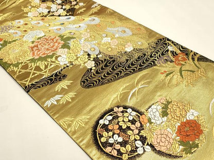 平和屋本店▼全通全景柄袋帯　唐織　花鳥両面全通全景　本金二重箔織　黒地　正絹　逸品　DABK5632sf