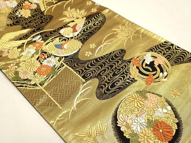 平和屋本店▼全通全景柄袋帯　唐織　花鳥両面全通全景　本金二重箔織　黒地　正絹　逸品　DABK5632sf