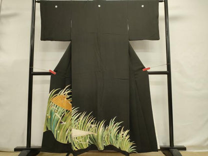 平和屋着物■豪華黒留袖　駒刺繍　檜扇草葉文　金彩　正絹　逸品　DABK5654sf