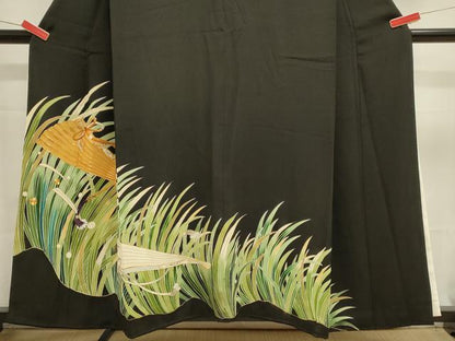 平和屋着物■豪華黒留袖　駒刺繍　檜扇草葉文　金彩　正絹　逸品　DABK5654sf
