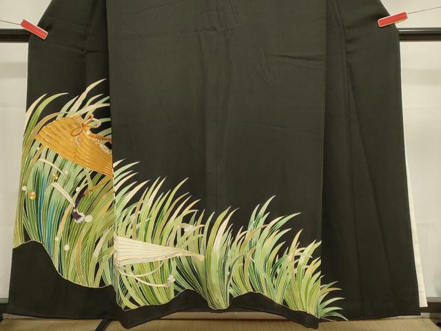平和屋着物■豪華黒留袖　駒刺繍　檜扇草葉文　金彩　正絹　逸品　DABK5654sf