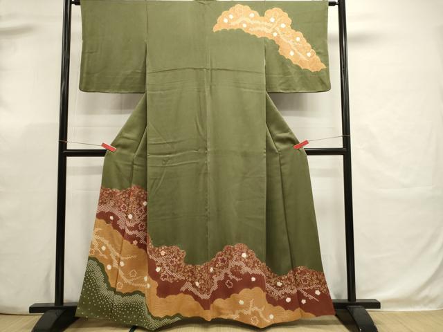 平和屋着物■訪問着　絞り　刺繍　草花文　金彩　正絹　逸品　DABK5664sf