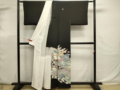 平和屋着物■豪華黒留袖　刺繍　飛鶴花文　銀彩　正絹　逸品　DABK5669sf