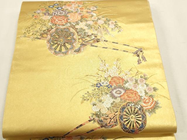 平和屋本店●六通柄袋帯　王室花俥絵文　本金箔　金泥箔　正絹　逸品　DABK5689sf