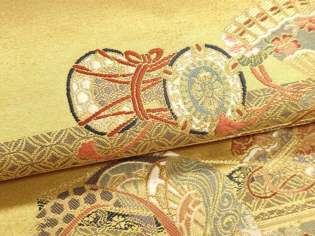 平和屋本店▼太鼓柄袋帯　醍醐遊楽文　本金箔　正絹　逸品　DABK5693sf