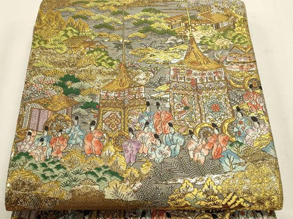 平和屋本店▼西陣　廣部商事謹製　全通柄袋帯　京洛祇園祭還幸絵巻　弐拾四金箔使用　正絹　逸品　DABK5694sf