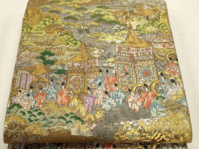 平和屋本店▼西陣　廣部商事謹製　全通柄袋帯　京洛祇園祭還幸絵巻　弐拾四金箔使用　正絹　逸品　DABK5694sf