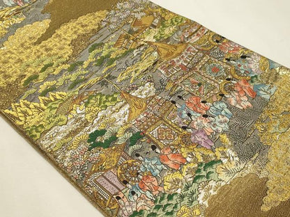 平和屋本店▼西陣　廣部商事謹製　全通柄袋帯　京洛祇園祭還幸絵巻　弐拾四金箔使用　正絹　逸品　DABK5694sf