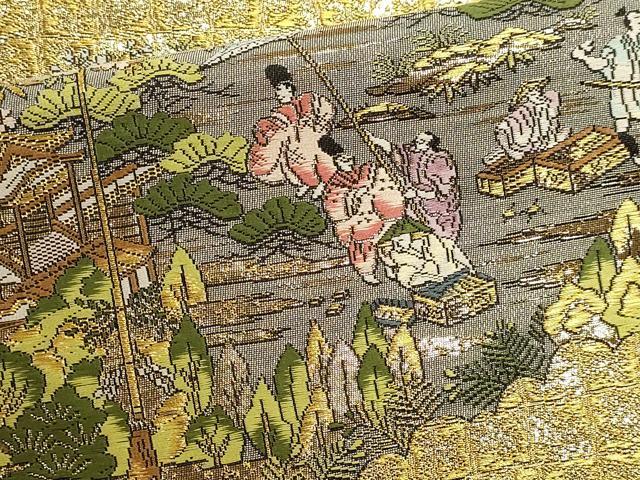 平和屋本店▼西陣　廣部商事謹製　全通柄袋帯　京洛祇園祭還幸絵巻　弐拾四金箔使用　正絹　逸品　DABK5694sf