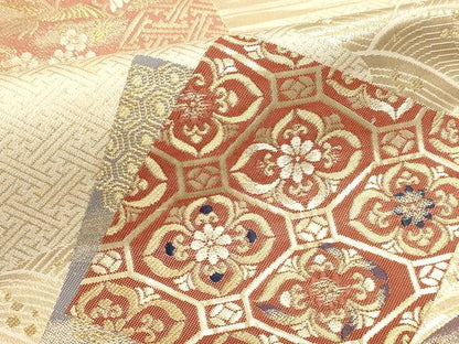 平和屋本店▼六通柄袋帯　九百錦　色紙吉祥花文　純金箔24ｋ　正絹　逸品　DABK5696sf
