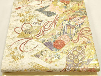 平和屋本店▼六通柄袋帯　九百錦　御所車花文　本金箔　正絹　逸品　DABK5703sf