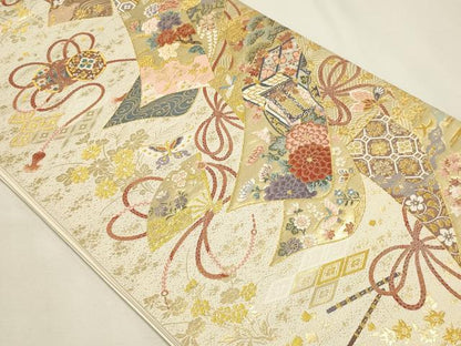 平和屋本店▼六通柄袋帯　九百錦　御所車花文　本金箔　正絹　逸品　DABK5703sf