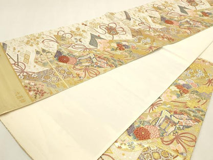 平和屋本店▼六通柄袋帯　九百錦　御所車花文　本金箔　正絹　逸品　DABK5703sf