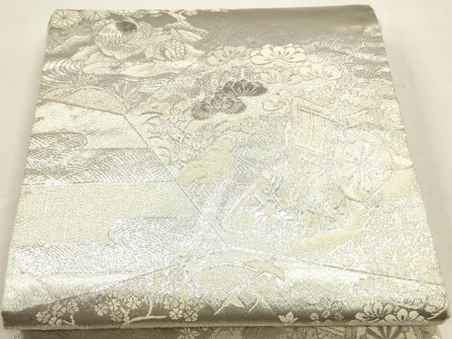 平和屋着物◎六通柄袋帯　御所車花鳥文　プラチナ銀箔二重織　正絹　逸品　DABK5731sf