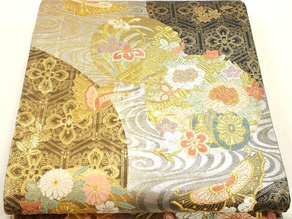 平和屋着物◎六通柄袋帯　唐織　花蝶文　金銀糸　正絹　逸品　DABK5740sf