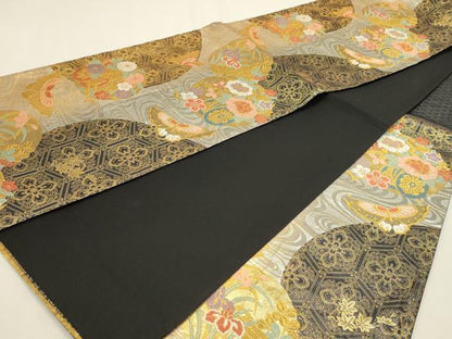 平和屋着物◎六通柄袋帯　唐織　花蝶文　金銀糸　正絹　逸品　DABK5740sf