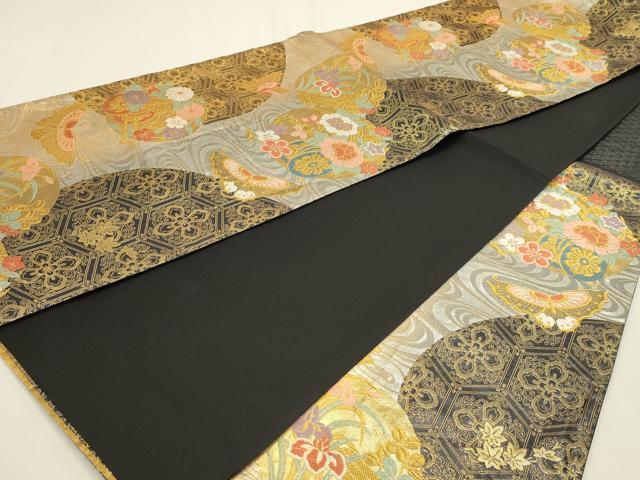 平和屋着物◎六通柄袋帯　唐織　花蝶文　金銀糸　正絹　逸品　DABK5740sf