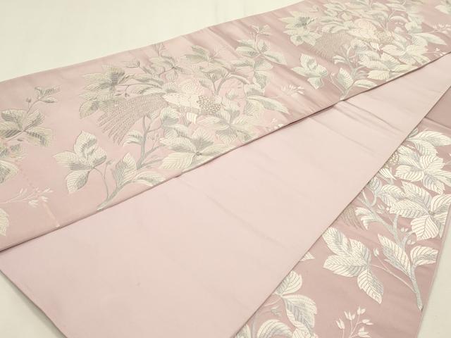 平和屋着物◎六通柄袋帯　唐織　尾長鳥枝葉文　銀糸　正絹　逸品　DABK5741sf