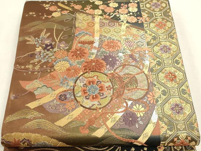 平和屋本店▼六通柄袋帯　九百錦　唐織　几帳献上文　本金箔　正絹　逸品　DABK5759sf