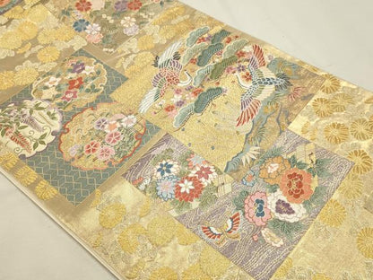 平和屋本店▼六通柄袋帯　唐織　色紙能趣文　本金箔　正絹　逸品　DABK5763sf