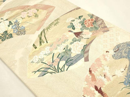 平和屋本店▼六通柄袋帯　唐織　地紙花鳥文　琳派純金箔24Ｋ　正絹　逸品　DABK5766sf