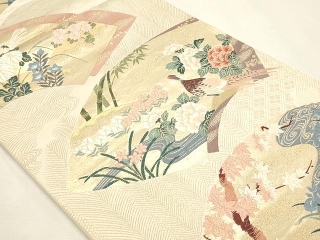 平和屋本店▼六通柄袋帯　唐織　地紙花鳥文　琳派純金箔24Ｋ　正絹　逸品　DABK5766sf