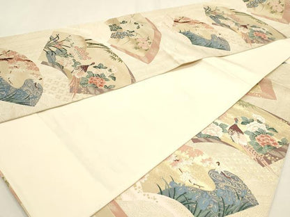 平和屋本店▼六通柄袋帯　唐織　地紙花鳥文　琳派純金箔24Ｋ　正絹　逸品　DABK5766sf