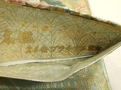 平和屋本店▼西陣　あさぎ　両面　全通全景柄袋帯　近代花鳥画　日本美術名鑑　24金プラチナ二重箔　正絹　逸品　DABK5777sf