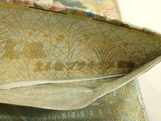 平和屋本店▼西陣　あさぎ　両面　全通全景柄袋帯　近代花鳥画　日本美術名鑑　24金プラチナ二重箔　正絹　逸品　DABK5777sf