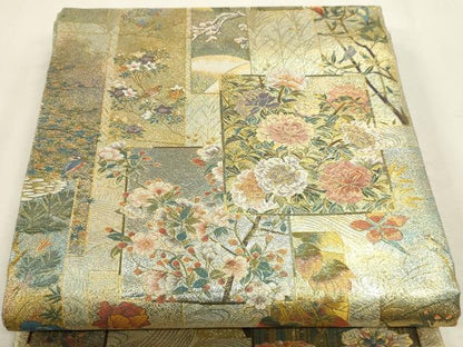 平和屋本店▼西陣　あさぎ　両面　全通全景柄袋帯　近代花鳥画　日本美術名鑑　24金プラチナ二重箔　正絹　逸品　DABK5777sf