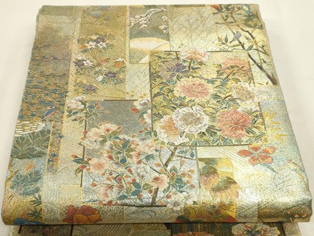 平和屋本店▼西陣　あさぎ　両面　全通全景柄袋帯　近代花鳥画　日本美術名鑑　24金プラチナ二重箔　正絹　逸品　DABK5777sf