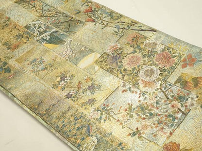 平和屋本店▼西陣　あさぎ　両面　全通全景柄袋帯　近代花鳥画　日本美術名鑑　24金プラチナ二重箔　正絹　逸品　DABK5777sf