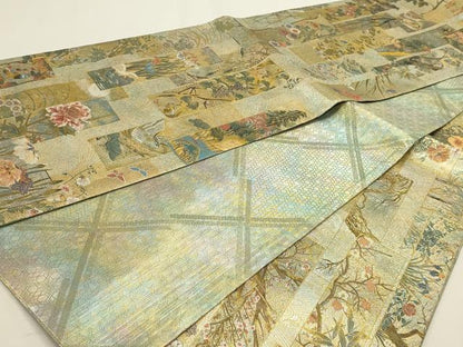 平和屋本店▼西陣　あさぎ　両面　全通全景柄袋帯　近代花鳥画　日本美術名鑑　24金プラチナ二重箔　正絹　逸品　DABK5777sf