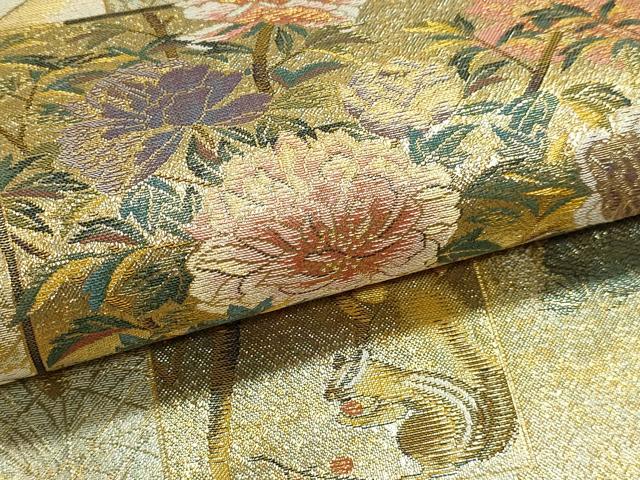 平和屋本店▼西陣　あさぎ　両面　全通全景柄袋帯　近代花鳥画　日本美術名鑑　24金プラチナ二重箔　正絹　逸品　DABK5777sf