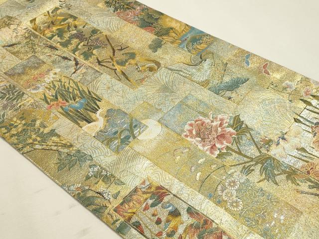 平和屋本店▼西陣　あさぎ　両面　全通全景柄袋帯　近代花鳥画　日本美術名鑑　24金プラチナ二重箔　正絹　逸品　DABK5777sf