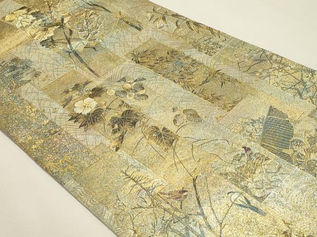 平和屋本店▼西陣　あさぎ　両面　全通全景柄袋帯　近代花鳥画　日本美術名鑑　24金プラチナ二重箔　正絹　逸品　DABK5777sf