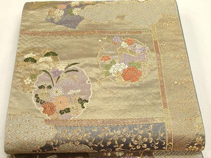 平和屋本店▼六通柄袋帯　唐織　雪輪御所車花文　本金　正絹　逸品　DABK5778sf